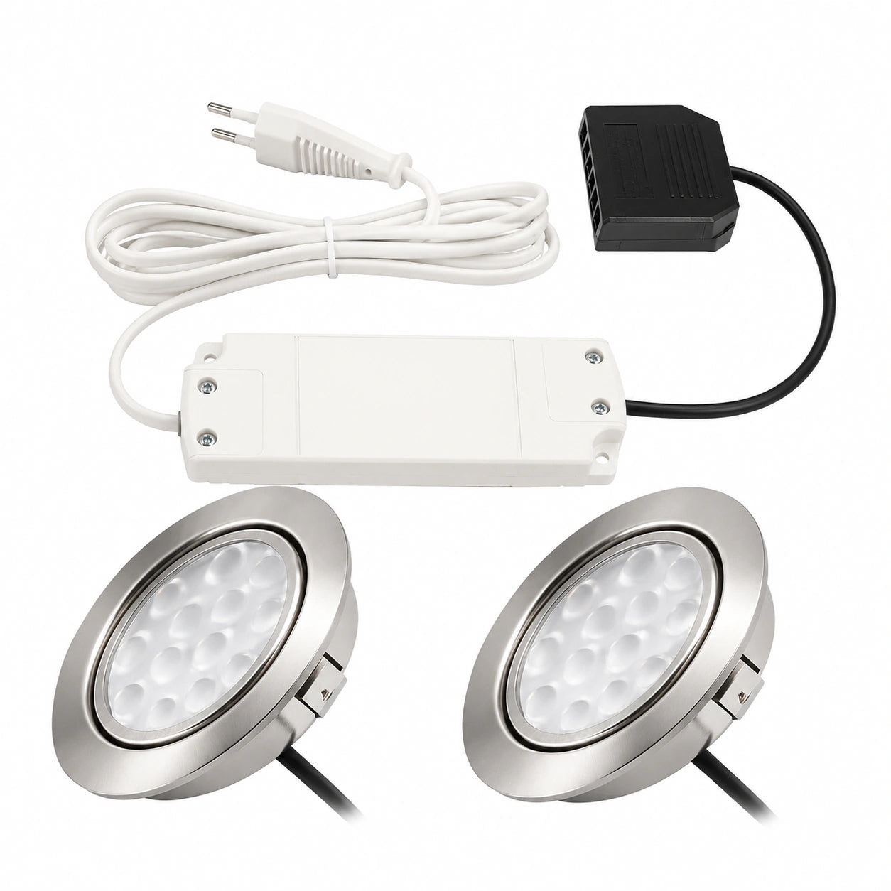 LED Einbauspots Set Lina 12V, Superflach 12mm, Warmweiß 3000K, Edelstahloptik, Inklusive Trafo, Geeignet für Möbel und Vitrinen, Einbautiefe 55-60mm