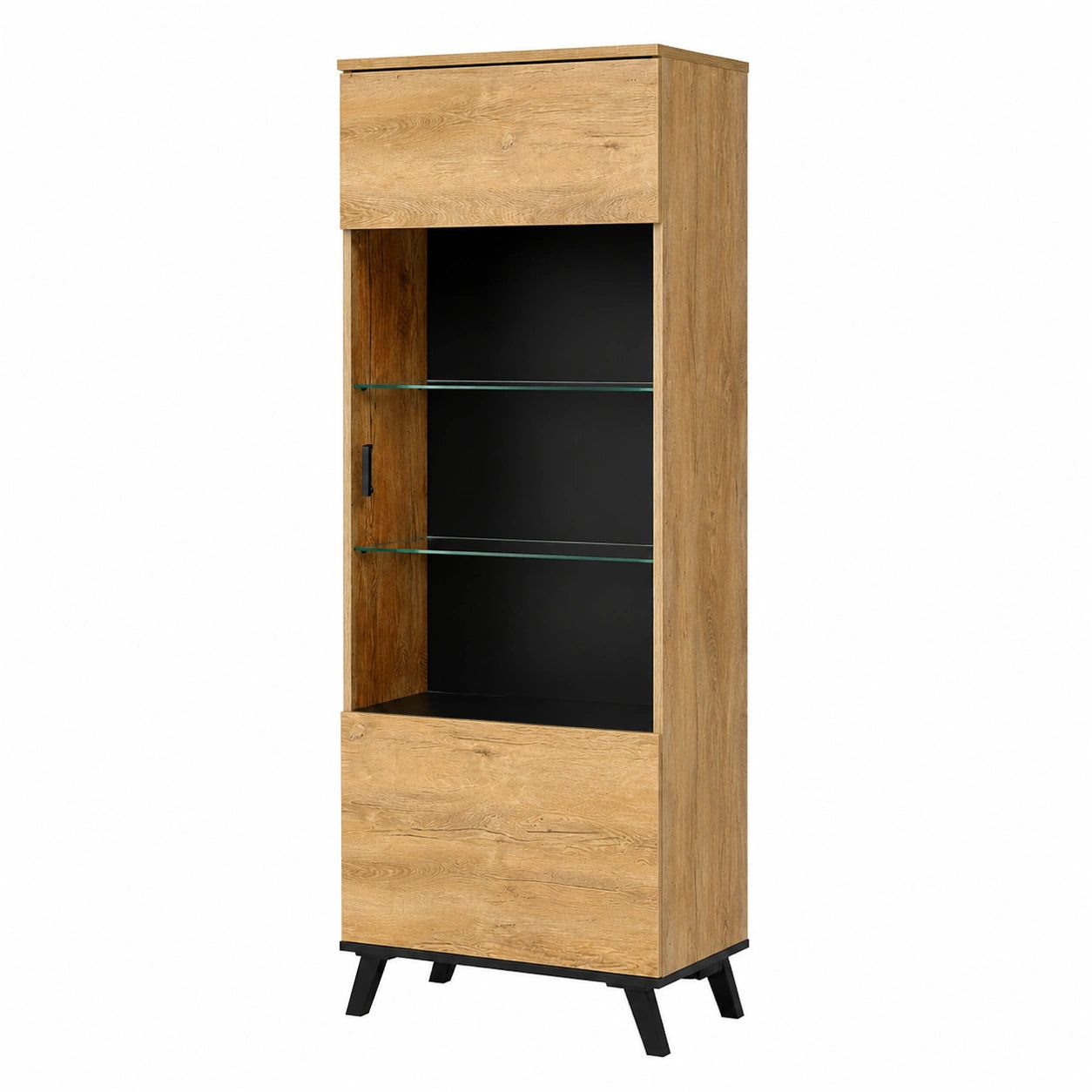 Moderne Vitrine John JN02 mit LED-Beleuchtung, Eiche Lefkas/Schwarz, Linksseitig, für Wohnzimmer