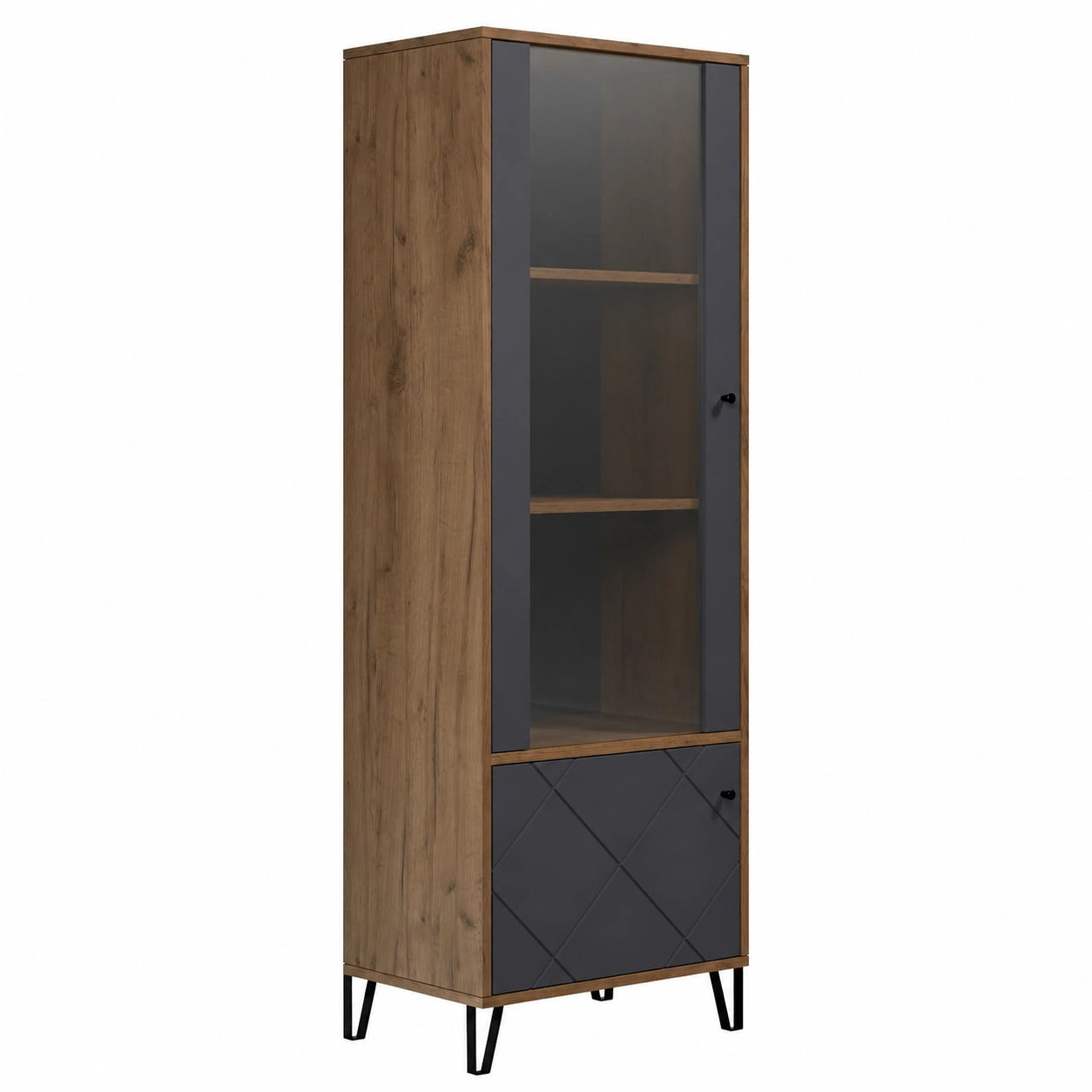Moderne Vitrine Montez aus Eiche und Grau mit Metallfüßen, 4 Fächer, 63x172x40 cm