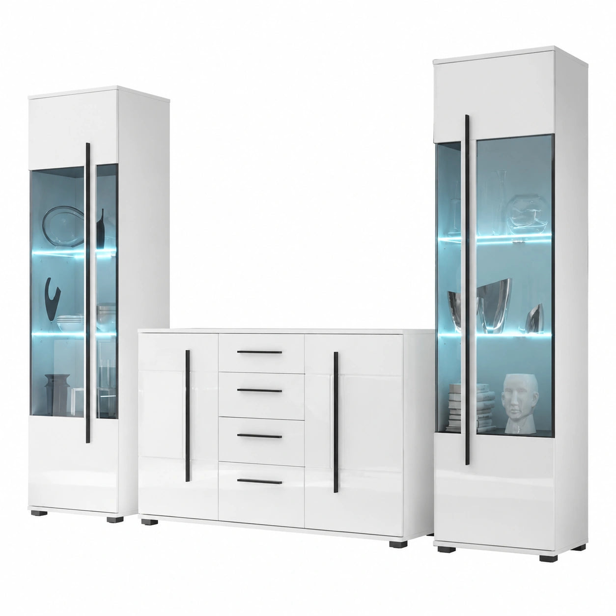 Moderne Wohnwand Kombination in Weiß Hochglanz mit LED-Beleuchtung, 2 Vitrinen und großem Sideboard, 300x200x42cm