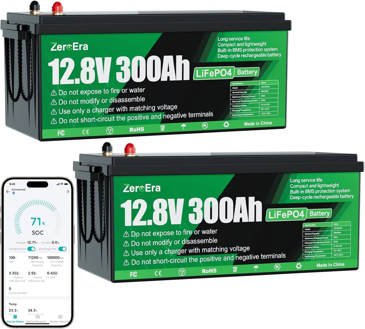 Akumulator ZeroEra, 300 Ah, 3840 Wh, 12 V, kolor zielony i czarny