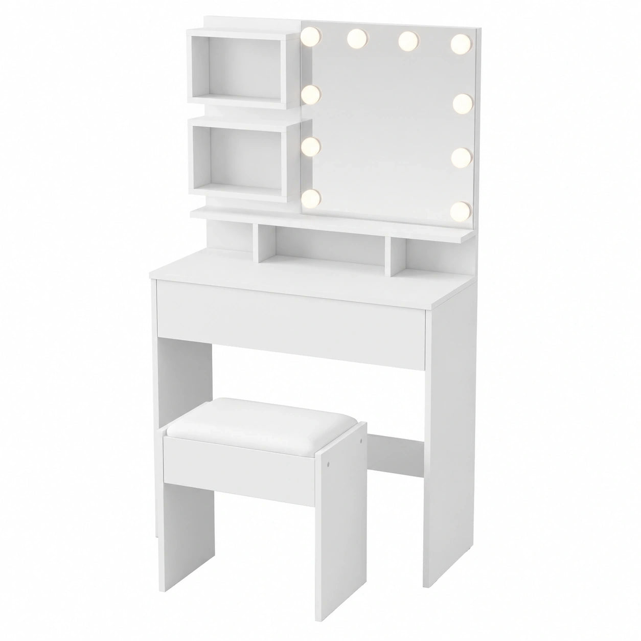 Moderner Schminktisch mit LED-Beleuchtung und Hocker, verstellbare Farbtemperaturen, gro?er Stauraum, Wei?