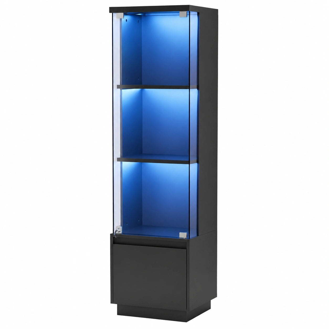 Moderne Glasvitrine mit LED-Beleuchtung und Smart-Sensor, 3 Ablagen, Schwarz, Staubschutz, für Wohnzimmer und Büro