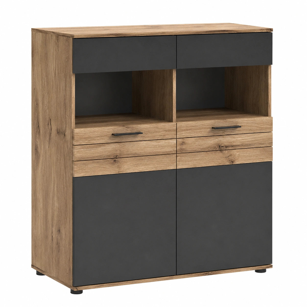 Elegante Vitrine Mason aus Eiche Nox und Basaltgrau - 110x122x37 cm - Dekorative Glasvitrine mit Stauraum