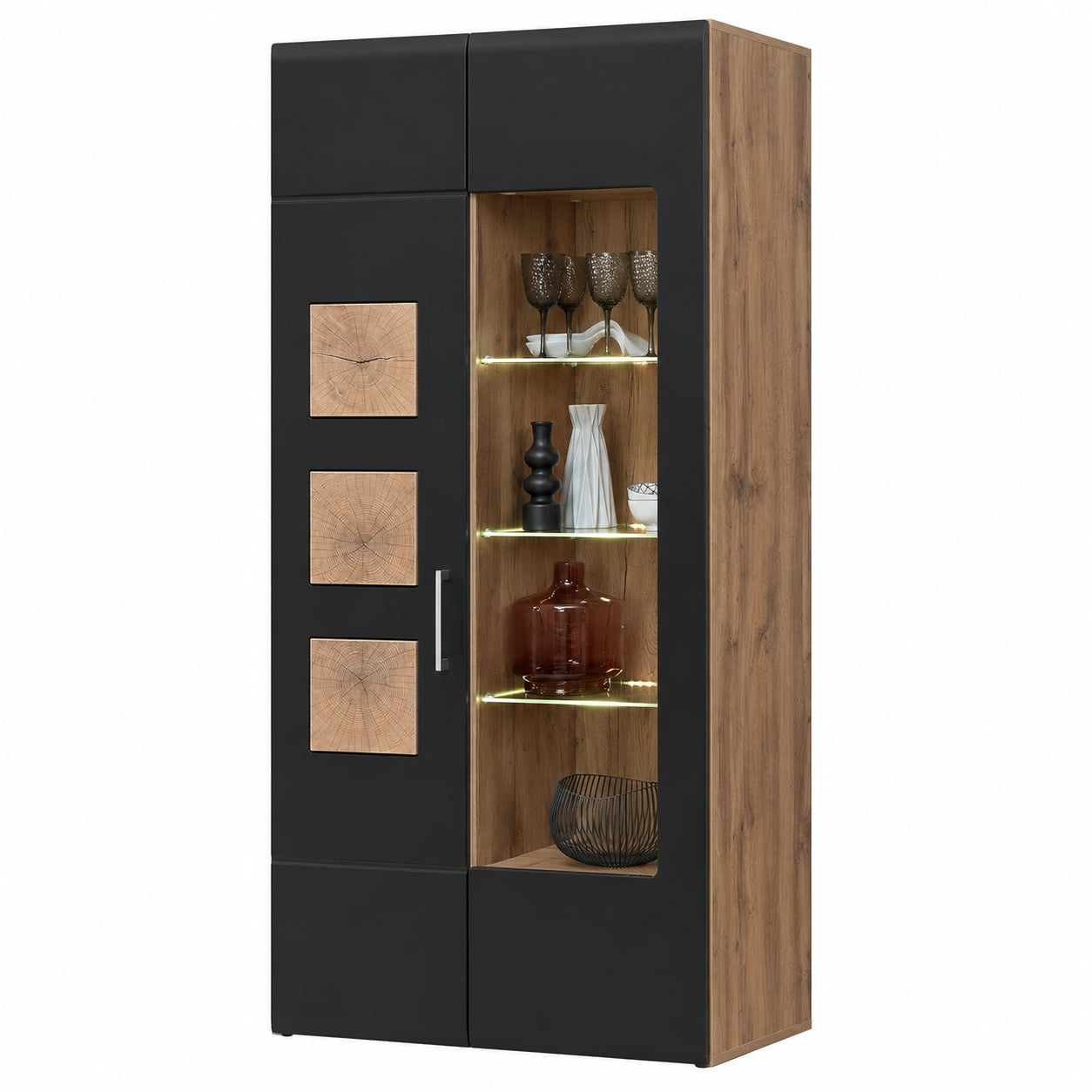 Moderne SONATE Vitrine mit LED-Beleuchtung in Eiche Altholz und Schwarz