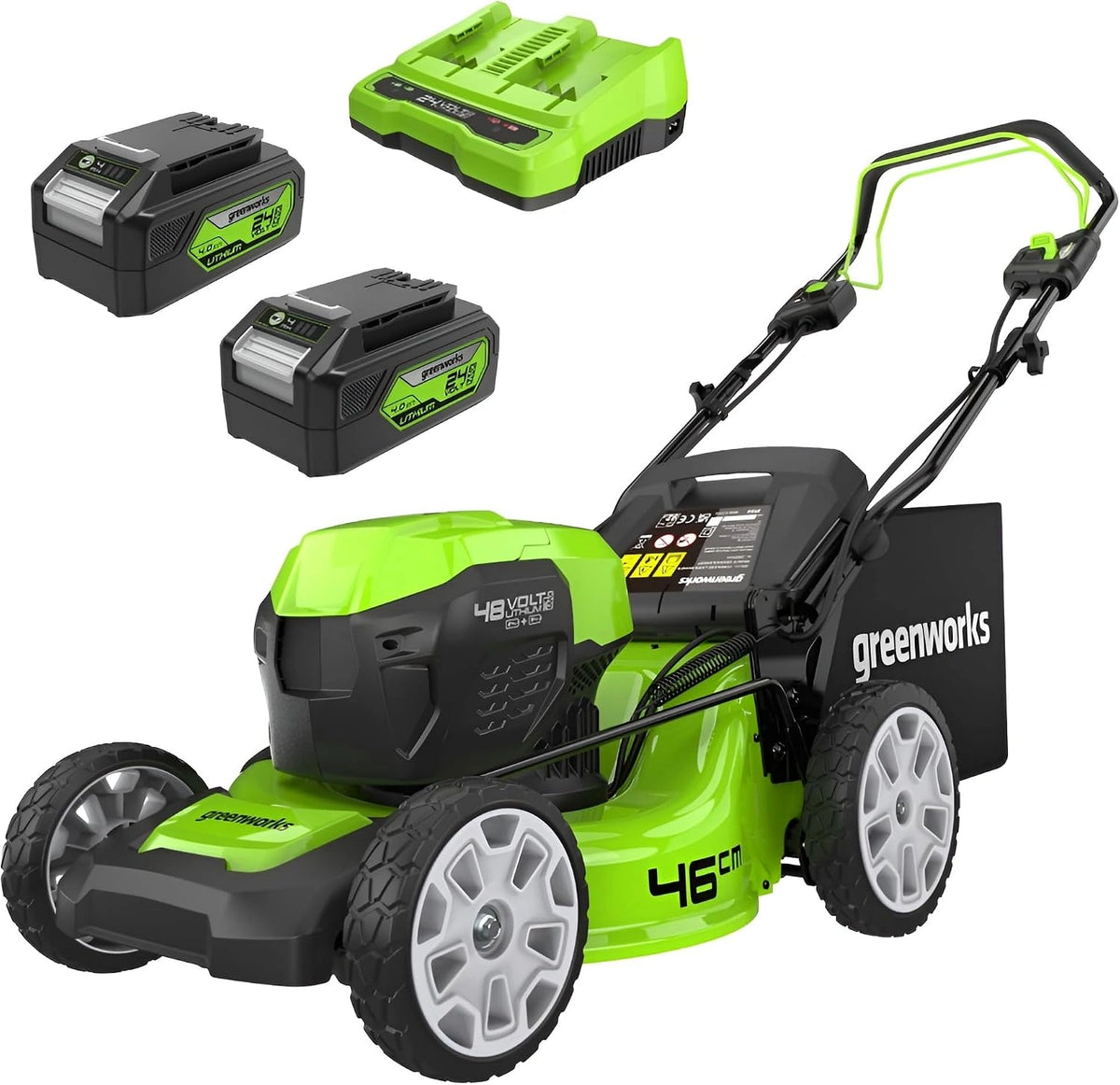 Kosiarka do trawy Greenworks GD24X2LM46SPK4X, 55 l, 4 Ah, 24 V, do 480 m², kolor szary i zielony