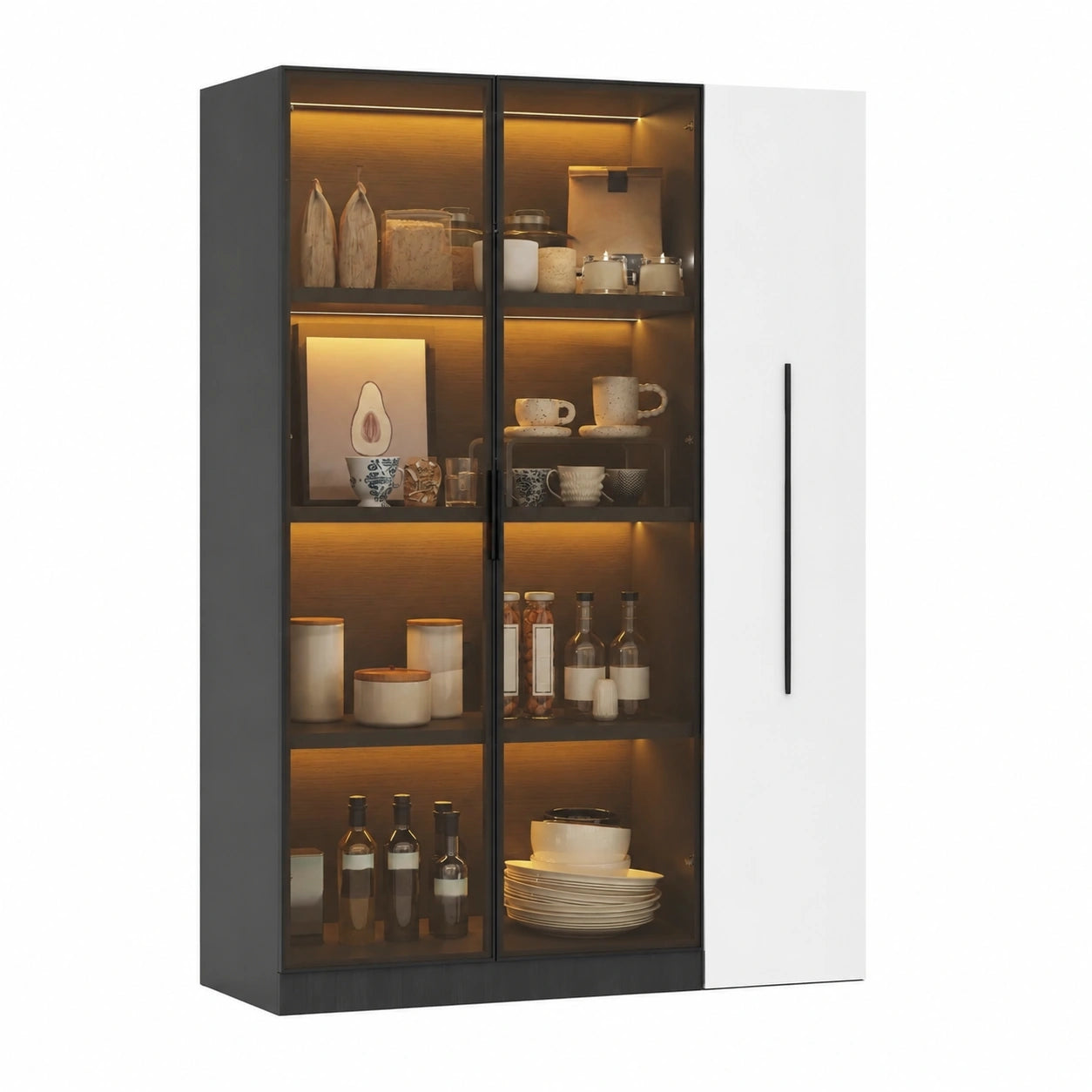 Moderne Glasvitrine mit LED-Beleuchtung und Schienenauszug, 4 Regalböden