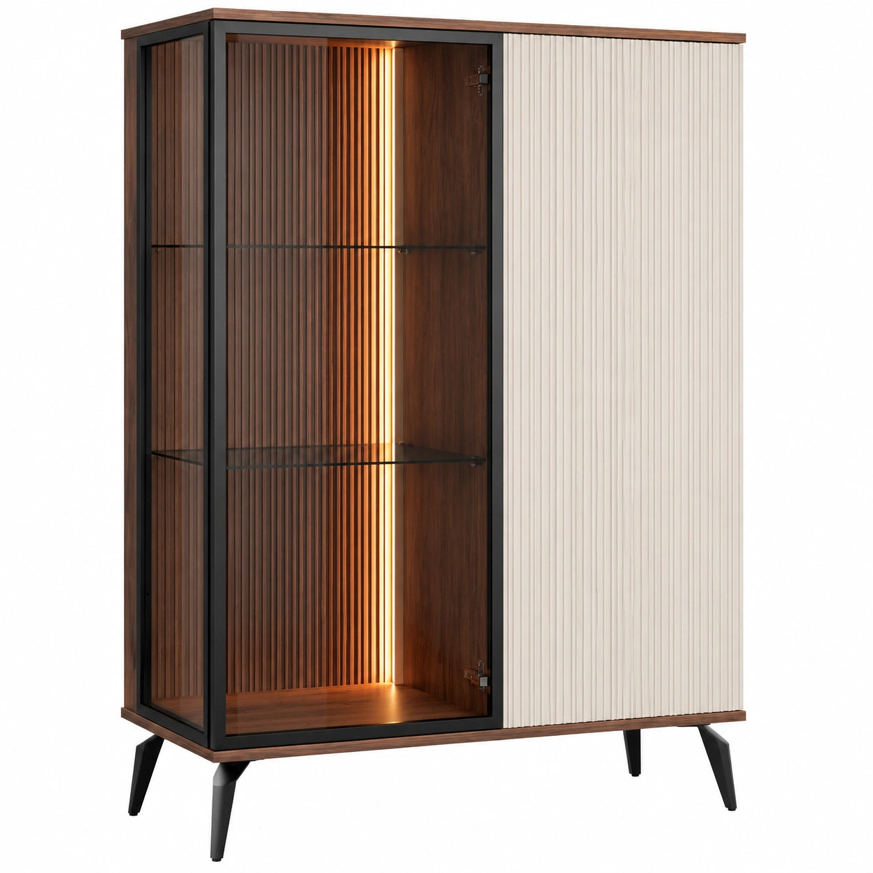 Moderne Vitrine Dawson mit LED-Beleuchtung, Nussbaum-Kaschmir, 103x162x39 cm