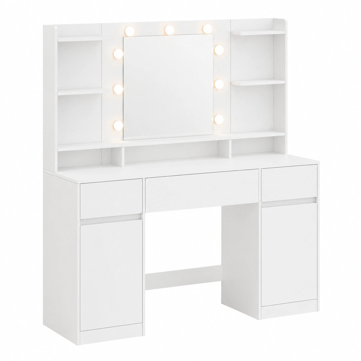 VASAGLE Schminktisch mit LED Spiegel, Steckdosen, 2 Schränke, 9 dimmbare Leuchten, 3 Lichtmodi, werkzeuglose Montage, Wolkenweiß