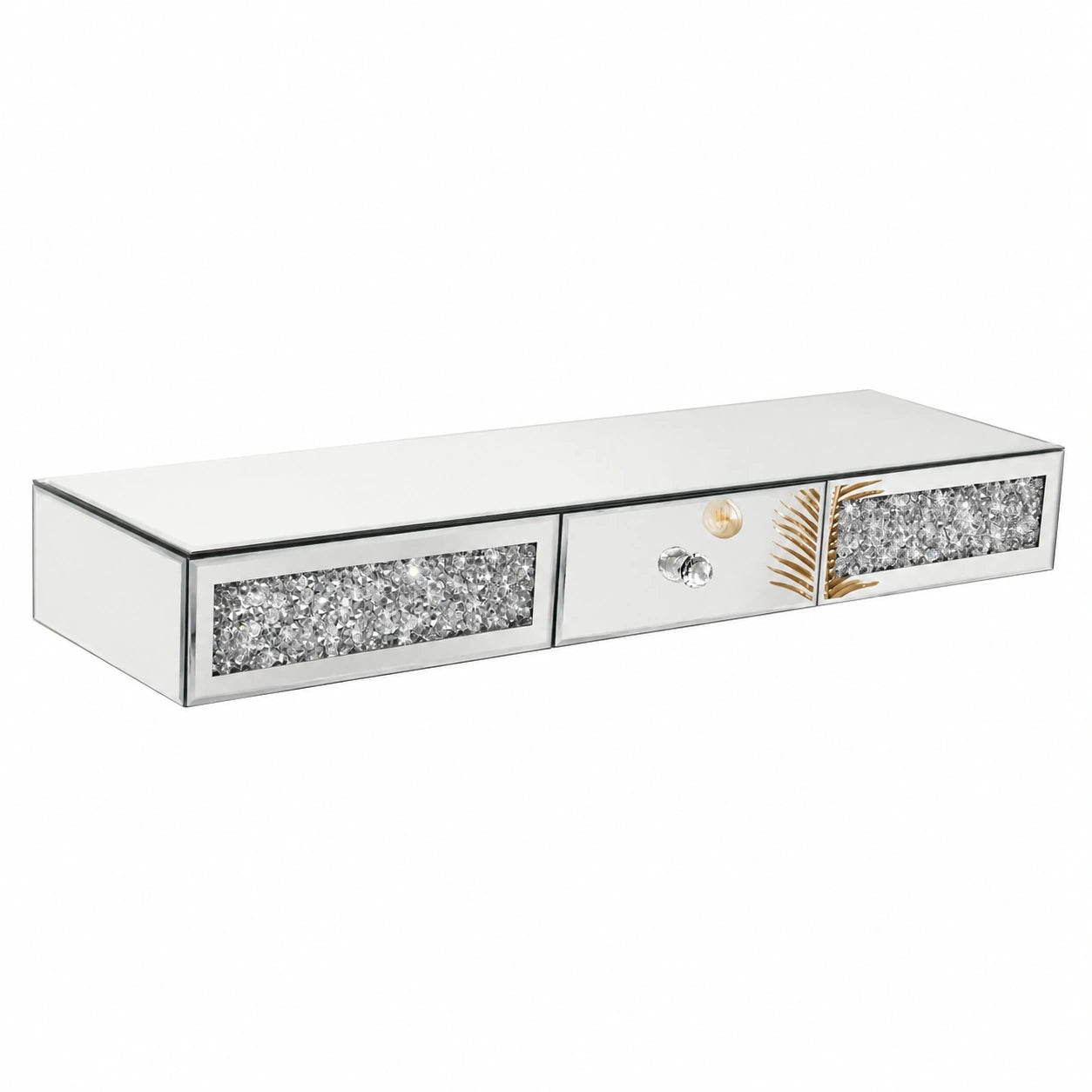 Schwebendes Wandregal mit Kristall-Diamant-Schublade, silberner Spiegel, 80 cm