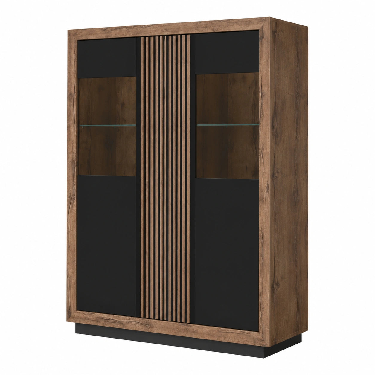 Elegante Forte Savona Wohnzimmer-Vitrine mit Zwei Türen, Schwarz und Edeleiche Dekor, Hochglanz, 133x161,8x42,3 cm