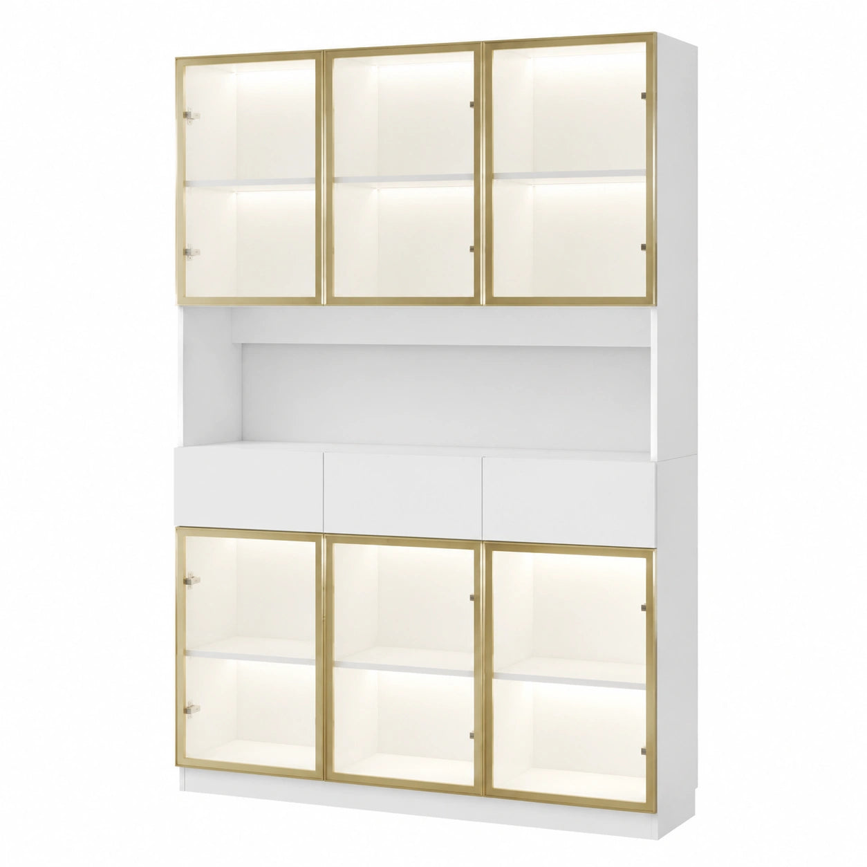 Weiße Glasvitrine mit LED-Beleuchtung, 3 Schubladen und 4 Einlegeböden, 120x36x200cm Sammlerschrank