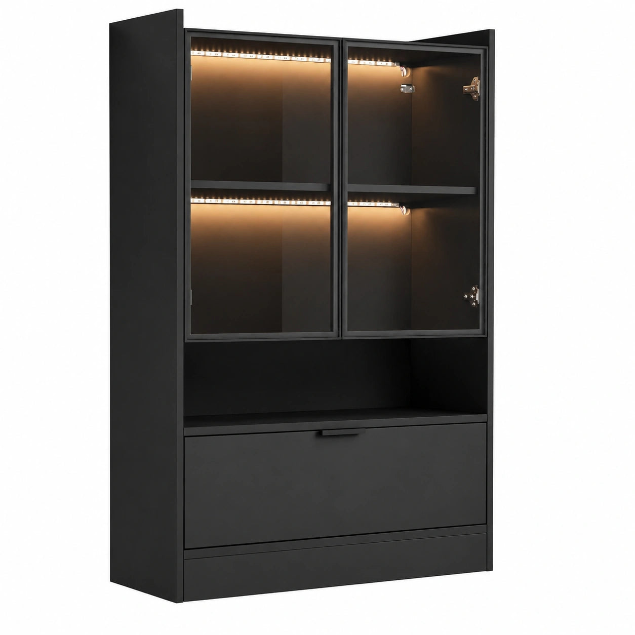 Moderne Vitrine mit LED und Glastüren, Merax Bücherschrank für Wohnzimmer oder Büro, Schwarz Matt 120 cm