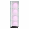 Stehende Glasvitrine mit LED-Beleuchtung, 4-stöckiger Glasschrank aus Holz, Sammlervitrine mit Tür und Schloss, schwarz