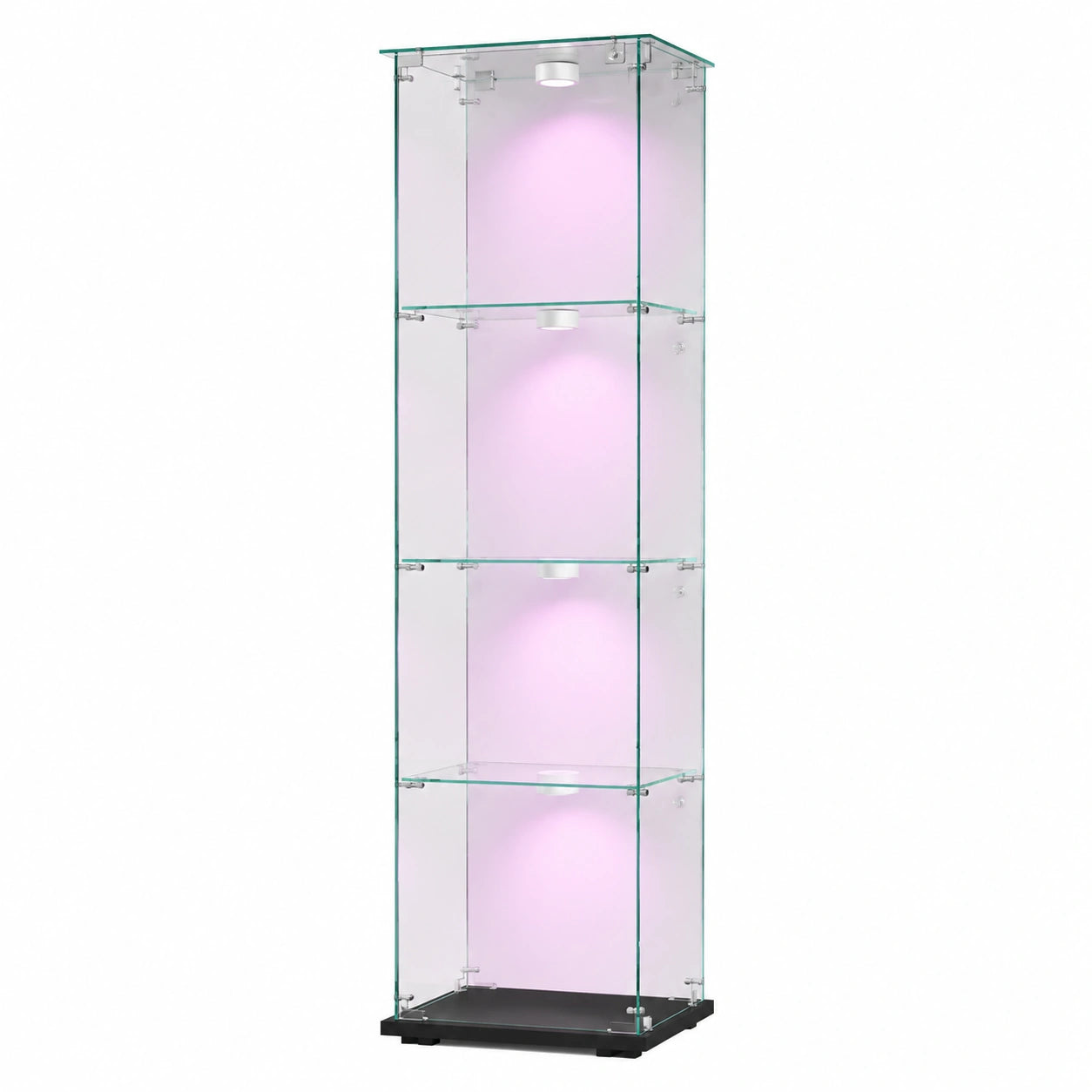 Stehende Glasvitrine mit LED-Beleuchtung, 4-stöckiger Glasschrank aus Holz, Sammlervitrine mit Tür und Schloss, schwarz